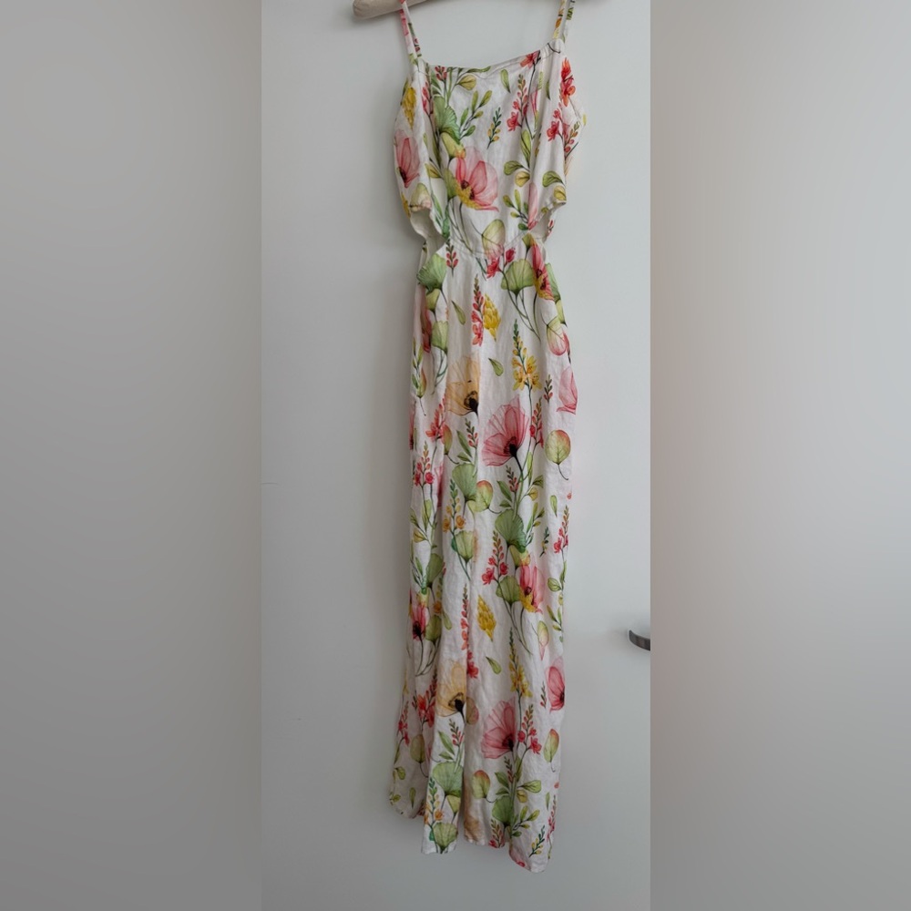 Linen floral waist cutout pant jumpsuit size XS
